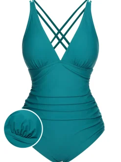 Clearance Retro Stage [US Warehouse] 1950s Solid V-Neck One-Piece Swimsuit