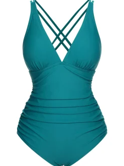 Clearance Retro Stage [US Warehouse] 1950s Solid V-Neck One-Piece Swimsuit