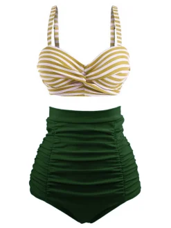 Best Retro Stage [US Warehouse] 1940s Striped Colorblock Vintage Bikini Set