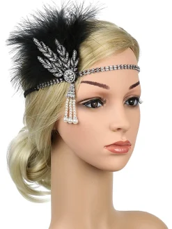 Best Retro Stage [US Warehouse] Silver 1920s Feather Rhinestone Headband