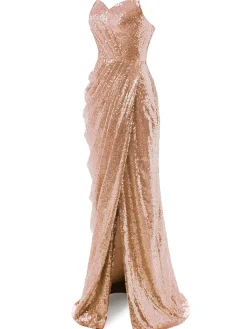 Hot Retro Stage [US Warehouse] Strapless Sequin Fold Prom Dress Apricot