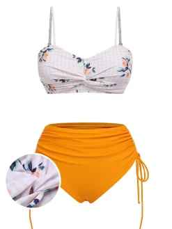 Fashion Retro Stage [US Warehouse] 1940s Spaghetti Strap Roses Swimsuit Turmeric