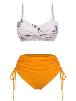 Fashion Retro Stage [US Warehouse] 1940s Spaghetti Strap Roses Swimsuit Turmeric