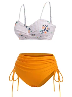 Fashion Retro Stage [US Warehouse] 1940s Spaghetti Strap Roses Swimsuit Turmeric