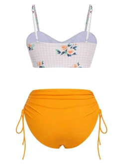 Fashion Retro Stage [US Warehouse] 1940s Spaghetti Strap Roses Swimsuit Turmeric