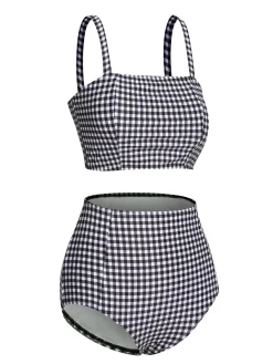 Clearance Retro Stage [US Warehouse] White & 1940s Plaid Suspenders Swimsuit Black