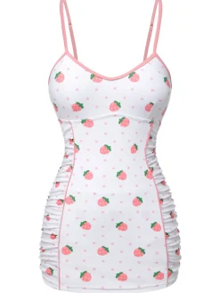 Sale Retro Stage [US Warehouse] White & 1950s Strawberry Pleated Swimsuit Pink