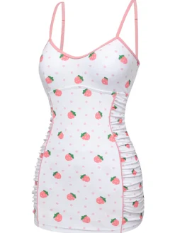 Sale Retro Stage [US Warehouse] White & 1950s Strawberry Pleated Swimsuit Pink