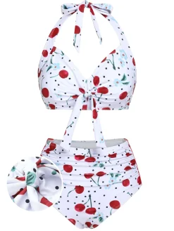 Clearance Retro Stage [US Warehouse] 1950s Cherry Lace-Up Halter Swimsuit White
