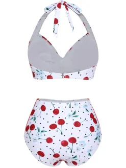 Clearance Retro Stage [US Warehouse] 1950s Cherry Lace-Up Halter Swimsuit White