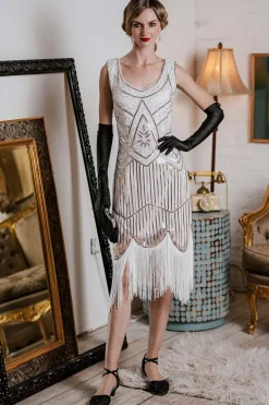 Fashion Retro Stage [US Warehouse] 1920s Fringed Flapper Dress White