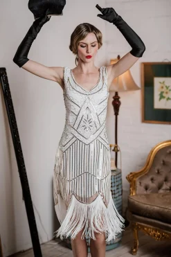 Fashion Retro Stage [US Warehouse] 1920s Fringed Flapper Dress White