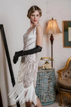 Fashion Retro Stage [US Warehouse] 1920s Fringed Flapper Dress White