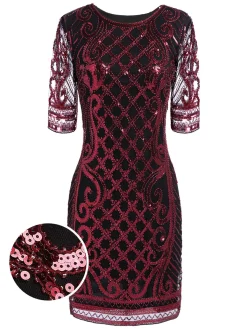 Fashion Retro Stage [US Warehouse] 1920s Sequined Embellished Dress Wine Red