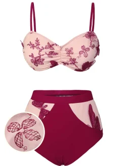 Best Retro Stage [US Warehouse] 1950s Spaghetti Strap Butterflies Swimsuit Wine Red