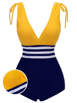 Sale Retro Stage [US Warehouse] Yellow & Blue 1950s Striped Lace-Up Swimsuit Yellow & Navy Blue