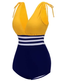 Sale Retro Stage [US Warehouse] Yellow & Blue 1950s Striped Lace-Up Swimsuit Yellow & Navy Blue