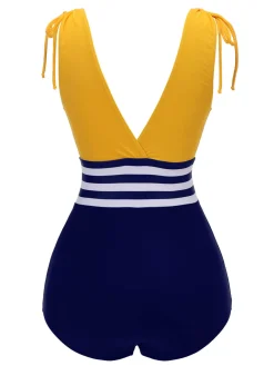 Sale Retro Stage [US Warehouse] Yellow & Blue 1950s Striped Lace-Up Swimsuit Yellow & Navy Blue