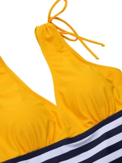 Sale Retro Stage [US Warehouse] Yellow & Blue 1950s Striped Lace-Up Swimsuit Yellow & Navy Blue