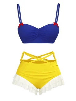 Discount Retro Stage [US Warehouse] 1950s Snow White Style Ruffled Swimsuit Yellow & Blue