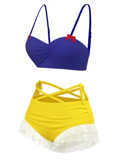 Discount Retro Stage [US Warehouse] 1950s Snow White Style Ruffled Swimsuit Yellow & Blue