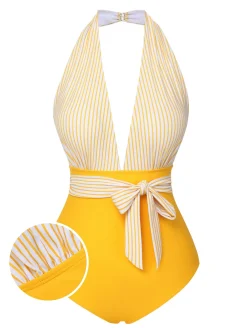 Outlet Retro Stage [US Warehouse] 1950s Halter Striped Patchwork Swimsuit Yellow