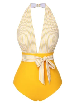 Outlet Retro Stage [US Warehouse] 1950s Halter Striped Patchwork Swimsuit Yellow