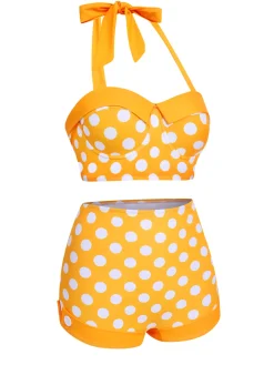 New Retro Stage [US Warehouse] 1950s Polka Dots Halter Bikini Set Yellow