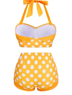 New Retro Stage [US Warehouse] 1950s Polka Dots Halter Bikini Set Yellow