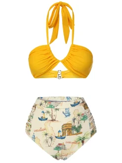 Best Retro Stage [US Warehouse] Yellow 1970s Retro Architectural Pattern Halter Swimsuit Multicolor