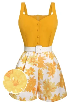 Sale Retro Stage [US Warehouse] 1950s Spaghetti Strap Floral Romper Yellow