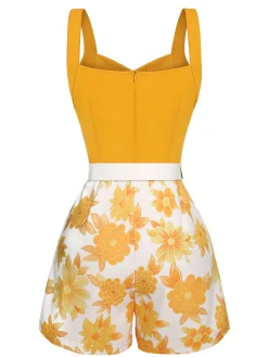 Sale Retro Stage [US Warehouse] 1950s Spaghetti Strap Floral Romper Yellow