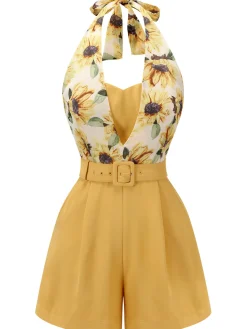 Outlet Retro Stage [US Warehouse] 1950s Sunflower Halter Romper Yellow