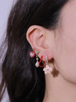 Fashion Retro Stage Valentine Heart Diamond Flower Earrings Set