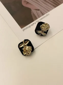 Online Retro Stage Vintage Black & Gold Cubic Flower Earrings