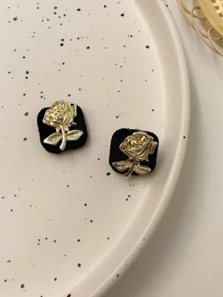 Online Retro Stage Vintage Black & Gold Cubic Flower Earrings
