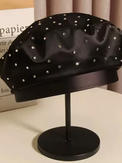 Fashion Retro Stage Vintage Black Rhinestoned Satin Beret Hat