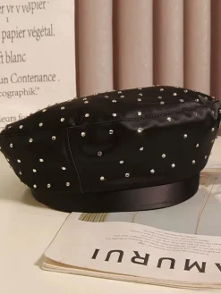 Fashion Retro Stage Vintage Black Rhinestoned Satin Beret Hat