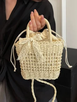 New Retro Stage Vintage Boho Bow Straw Handbag
