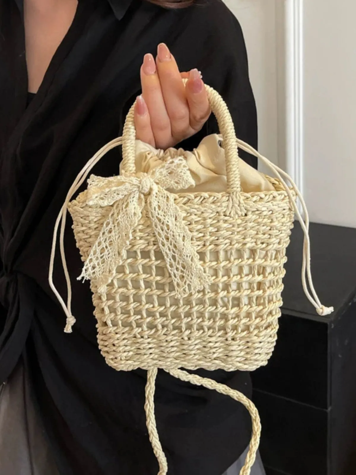 New Retro Stage Vintage Boho Bow Straw Handbag