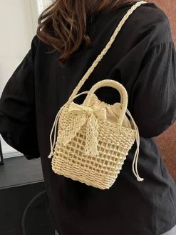 New Retro Stage Vintage Boho Bow Straw Handbag