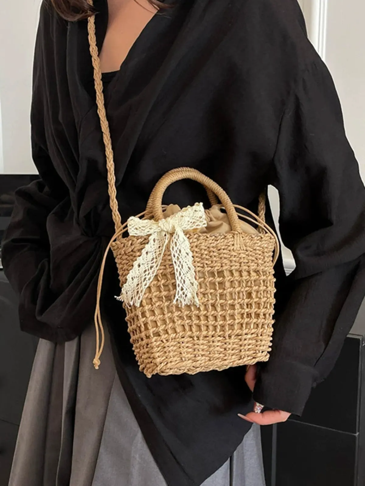 New Retro Stage Vintage Boho Bow Straw Handbag
