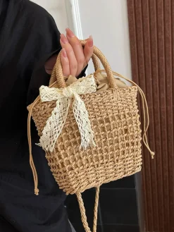 New Retro Stage Vintage Boho Bow Straw Handbag