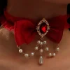 Online Retro Stage Vintage Bow Halloween Pearl Gemstone Necklace