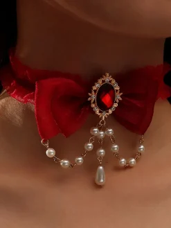 Online Retro Stage Vintage Bow Halloween Pearl Gemstone Necklace