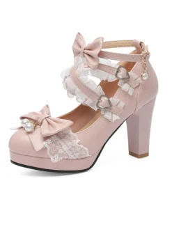 Discount Retro Stage Vintage Bow Pearls Lace Chunky Lolita Heels