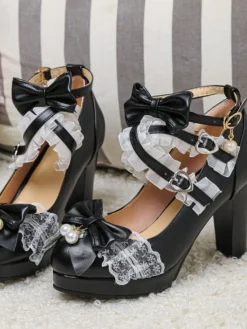 Discount Retro Stage Vintage Bow Pearls Lace Chunky Lolita Heels