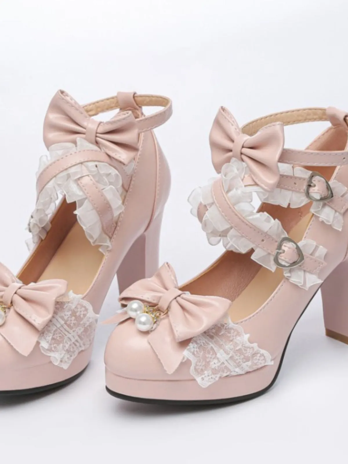 Discount Retro Stage Vintage Bow Pearls Lace Chunky Lolita Heels