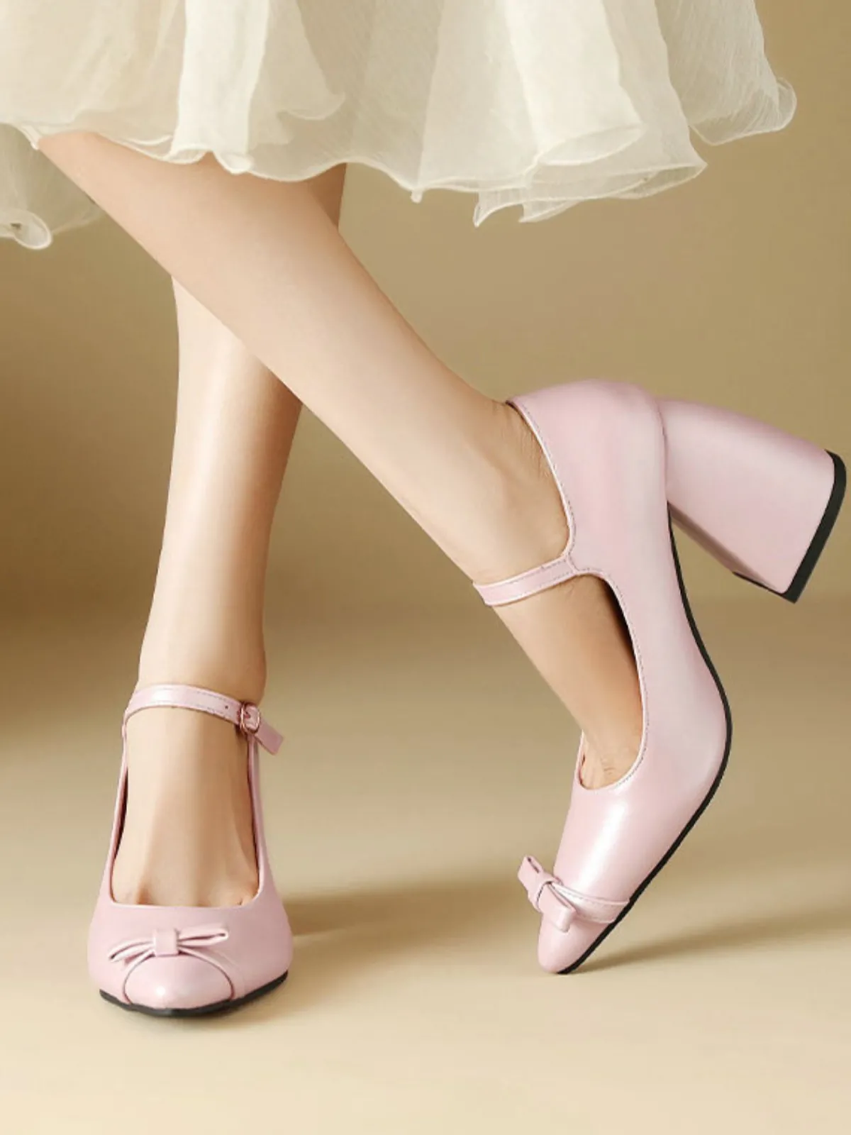Outlet Retro Stage Vintage Bow Strap Point Toe Chunky Heels