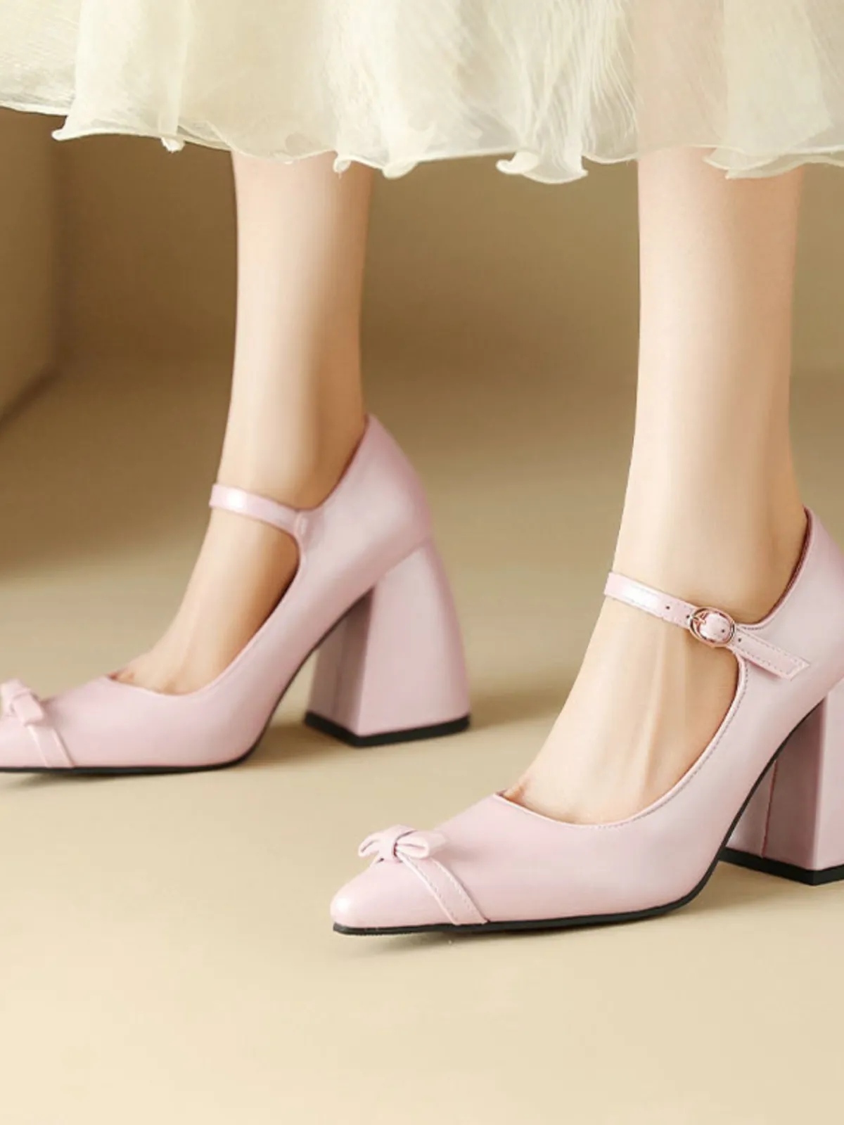 Outlet Retro Stage Vintage Bow Strap Point Toe Chunky Heels